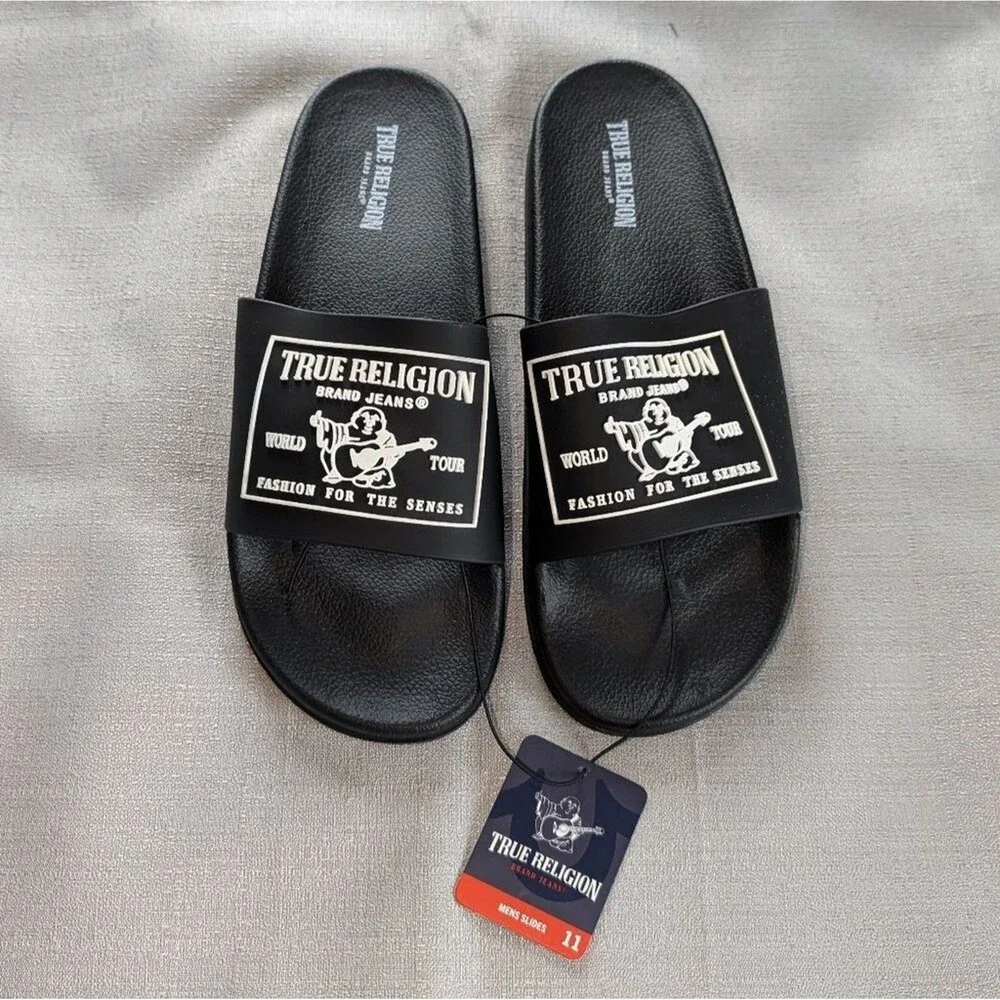 True Religion Kendrick Logo Black Slides Men's Size 11 NEW!
